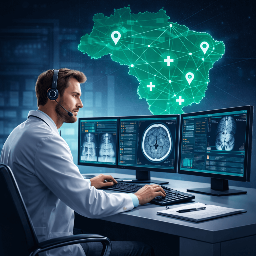 Um homem sentado no pc e acessando exames de radiologia